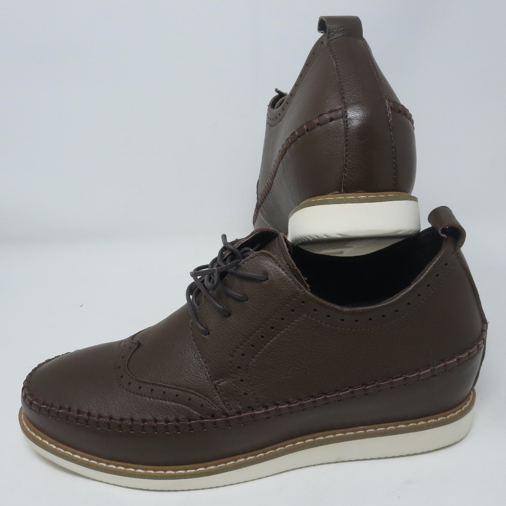 CALTO Sz 9 Invisible Height Increasing Elevator Shoe Brown Leather Brogue Oxford